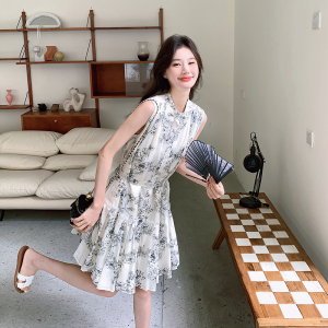国风新中式水墨画连衣裙女夏季2024新款学院风小个子宽松无袖裙子图片