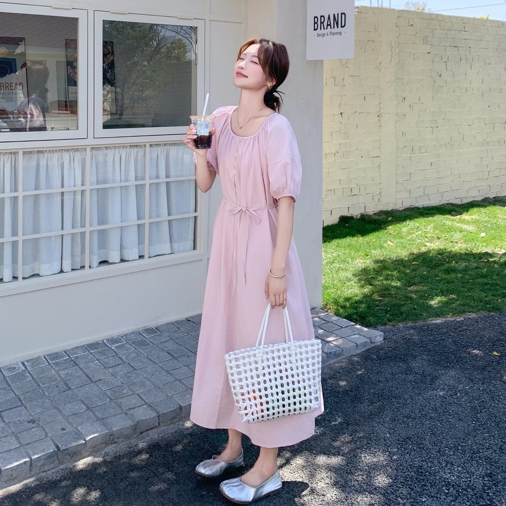 粉色温柔风泡泡袖连衣裙女2025夏季新款今年流行韩系宽松过膝长裙,女装连衣裙,浙宝125