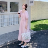 粉色温柔风泡泡袖连衣裙女2025夏季新款今年流行韩系宽松过膝长裙，女装连衣裙，浙宝125