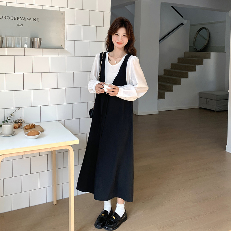 黑色气质轻熟风拼接连衣裙女2025春新款复古高级感显瘦假两件长裙,女装连衣裙,浙宝125