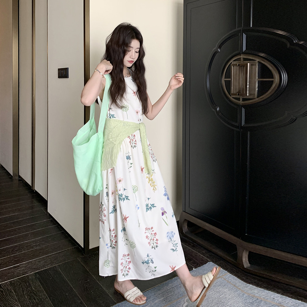 法式度假风印花无袖连衣裙套装女2025夏季新款轻薄防晒开衫两件套,女装套装/套裙,浙宝125