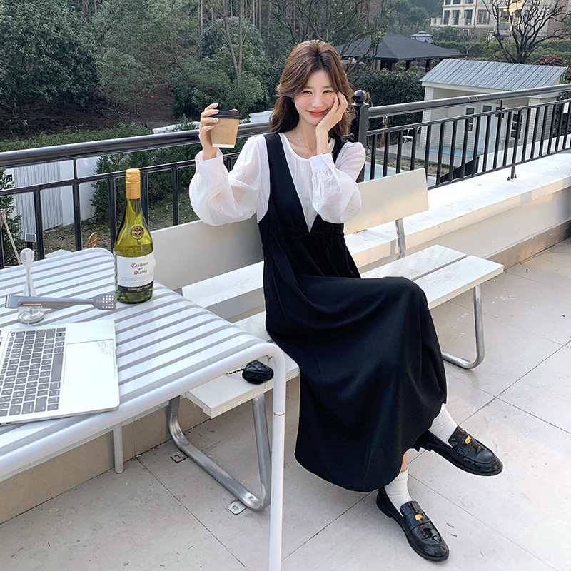 撞色拼接假两件连衣裙女2025春季新款法式设计感收腰显瘦A字长裙图片