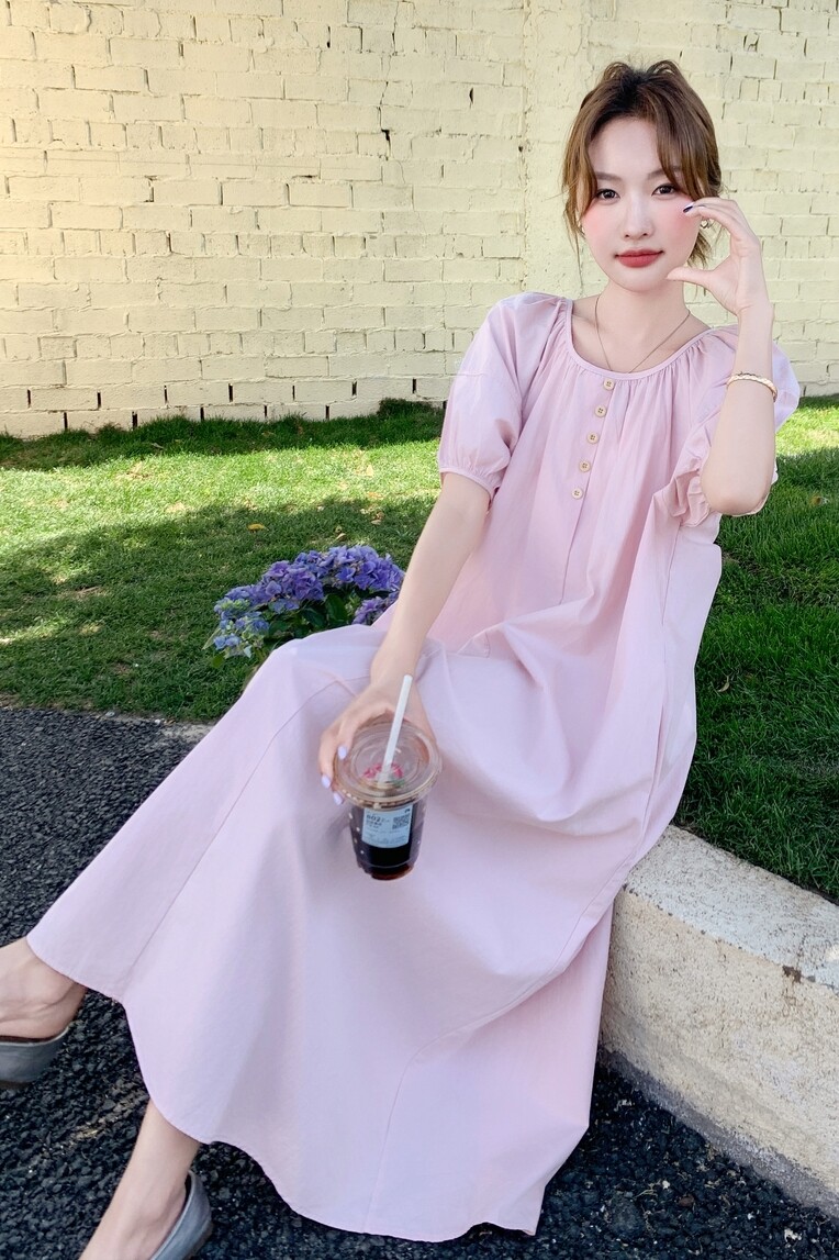 粉色温柔风泡泡袖连衣裙女2025夏季新款今年流行韩系宽松过膝长裙,女装连衣裙,浙宝125
