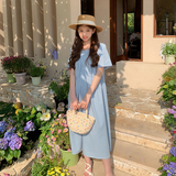 蓝色褶皱连衣裙女夏2025年新款小众设计感温柔风遮肚子显瘦长裙子，女装连衣裙，浙宝125