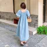 宽松慵懒风蓝色方领泡泡袖连衣裙女夏2025新款日系休闲松弛感长裙，女装连衣裙，浙宝125