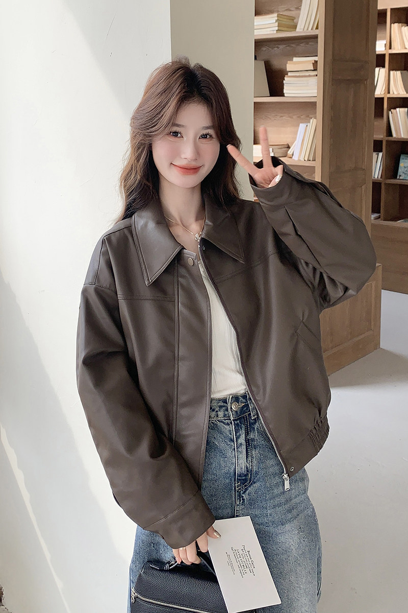 【新款】现货！韩系复古咖色皮衣短外套A07-P145-控218,女装皮衣,浙宝125
