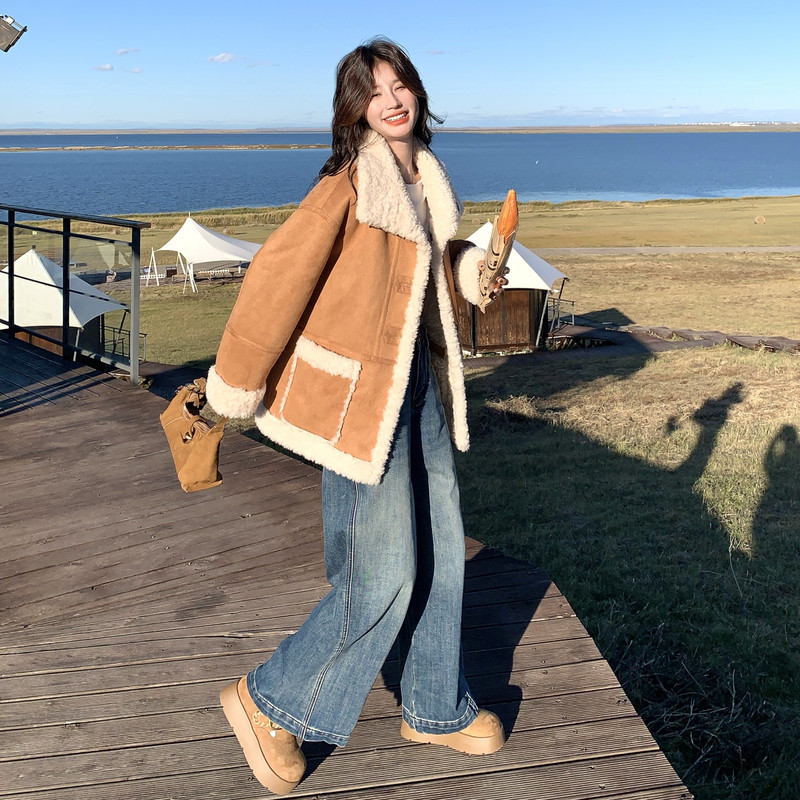 棕色软糯麂皮绒两面穿皮毛一体羊羔毛外套女秋冬2025新款加厚棉服,女装短外套,浙宝125