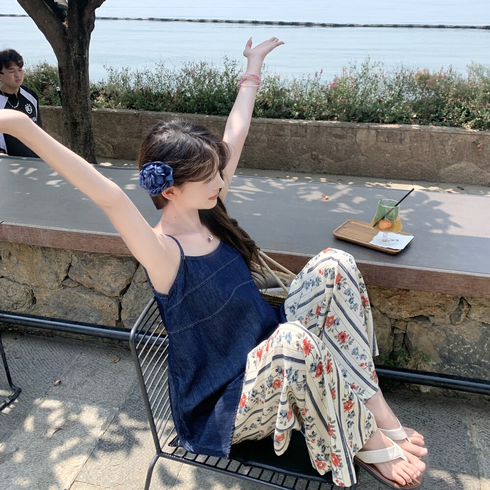 2025夏季新款设计感时尚牛仔吊带背心高腰印花阔腿休闲裤两件套装，女装套装/套裙，浙宝125