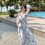 法式度假风长袖碎花连衣裙女2025夏季新款高腰显瘦惊艳绝美长裙子，女装连衣裙，浙宝125
