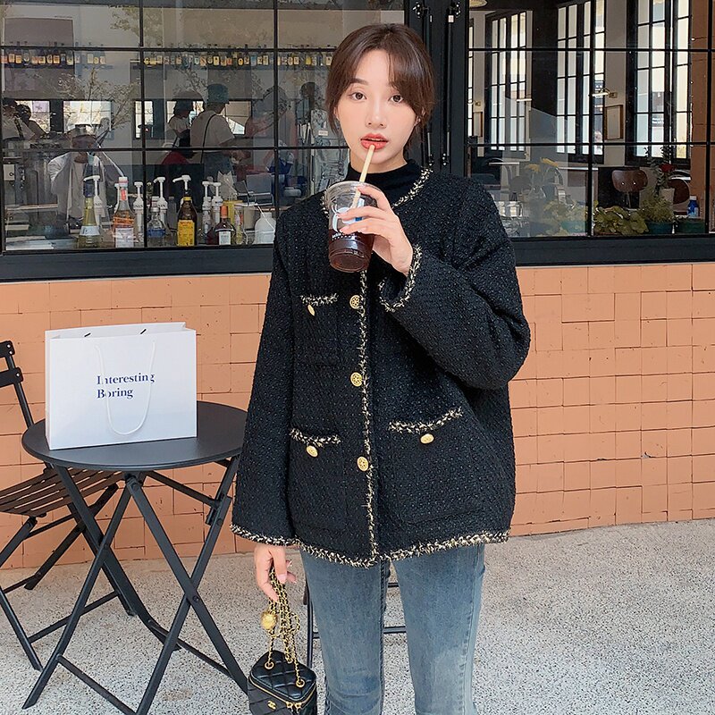 黑色小香风粗花呢外套女2025春秋新款优雅名媛风小个子气质短外套,女装短外套,浙宝125