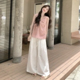 温柔系穿搭休闲套装女2025夏季新款韩系减龄刺绣背心阔腿裤两件套，女装套装/套裙，浙宝125