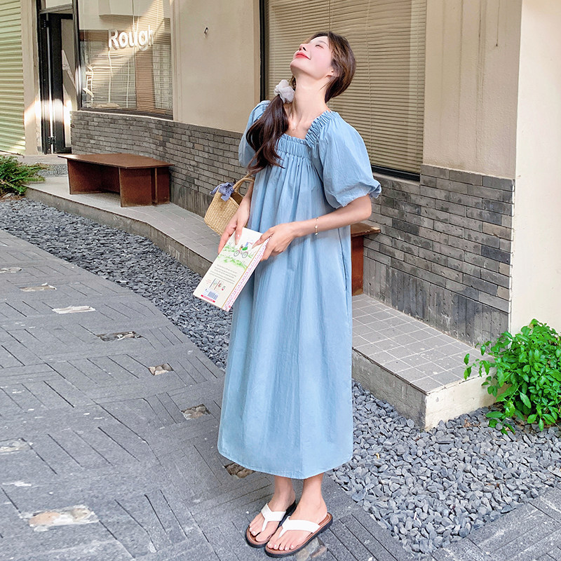 宽松慵懒风蓝色方领泡泡袖连衣裙女夏2025新款日系休闲松弛感长裙,女装连衣裙,浙宝125