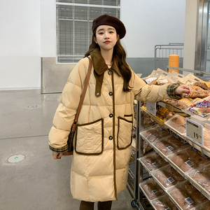 卡其色中长款羽绒服女冬新款韩系学院风加绒拼接90白鸭绒加厚外套图片