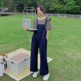 条纹上衣藏青色背带裤女套装两件套夏2025新款休闲高腰直筒阔腿裤，女装套装/套裙，浙宝125