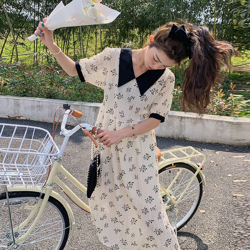 女装法式海军领碎花连衣裙女2025春秋新款显瘦赫本风收腰气质长裙,女装连衣裙,浙宝125