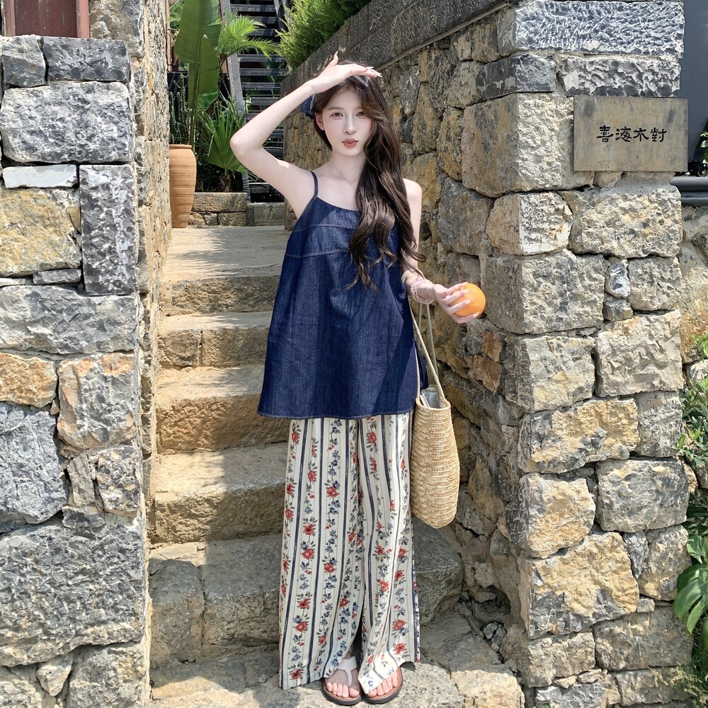 【新款】现货！牛仔吊带碎花阔腿裤套装A30-P165-控238,女装套装/套裙,浙宝125