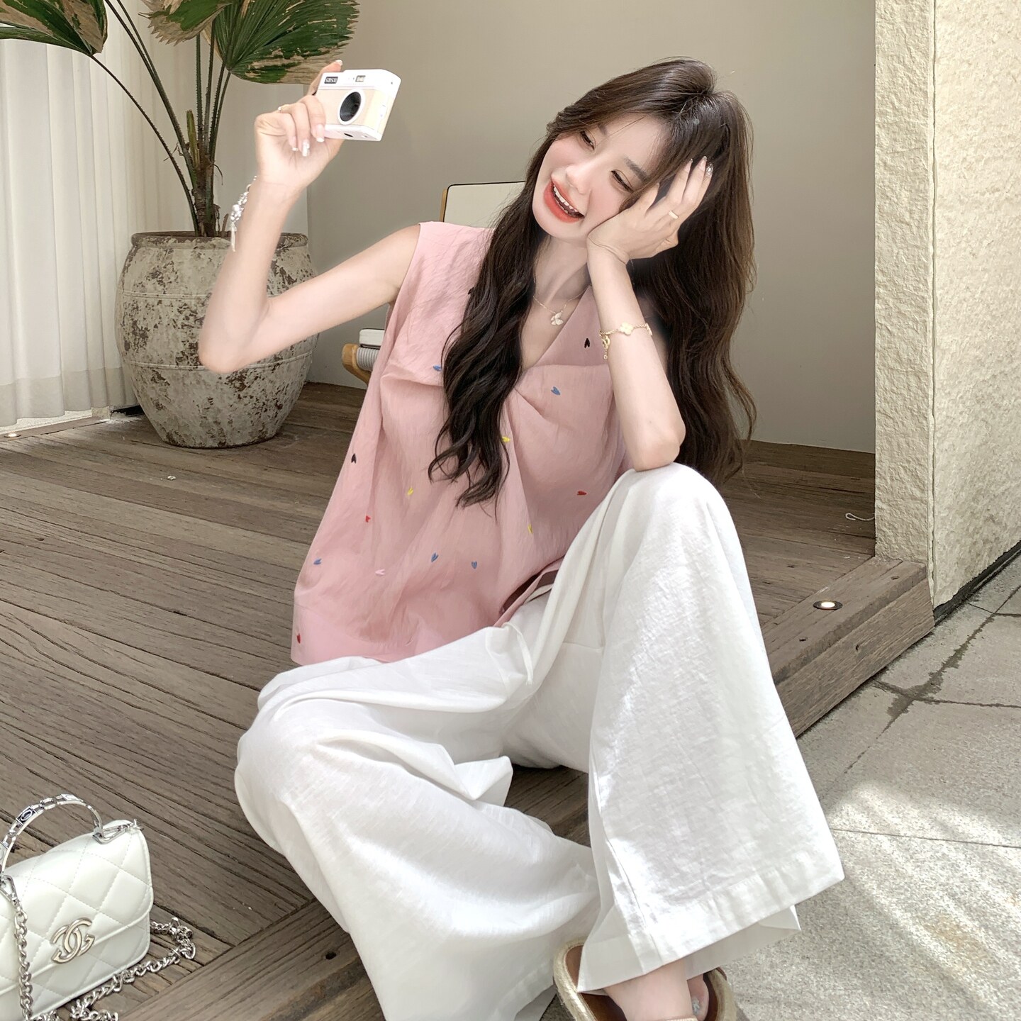 温柔系穿搭休闲套装女2025夏季新款韩系减龄刺绣背心阔腿裤两件套,女装套装/套裙,浙宝125