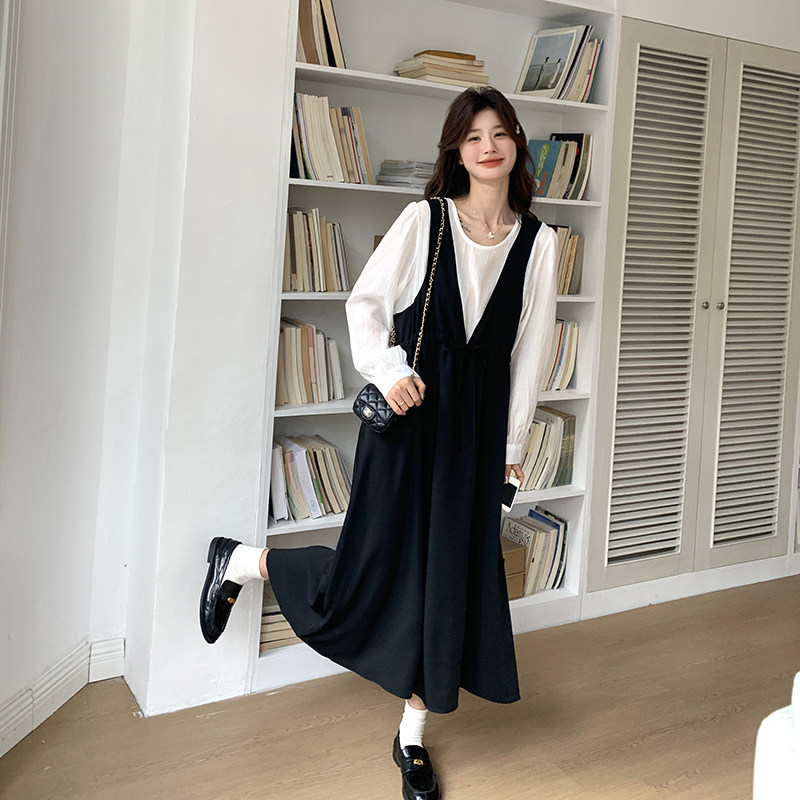 撞色拼接假两件连衣裙女2025春季新款法式设计感收腰显瘦A字长裙,女装连衣裙,浙宝125