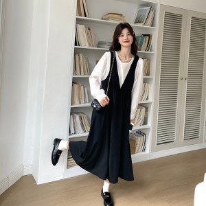 撞色拼接假两件连衣裙女2025春季新款法式设计感收腰显瘦A字长裙图片