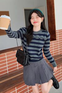 鬼马系少女小心机前开扣条纹毛衣百褶裙套装 9028-套装P140-控198图片