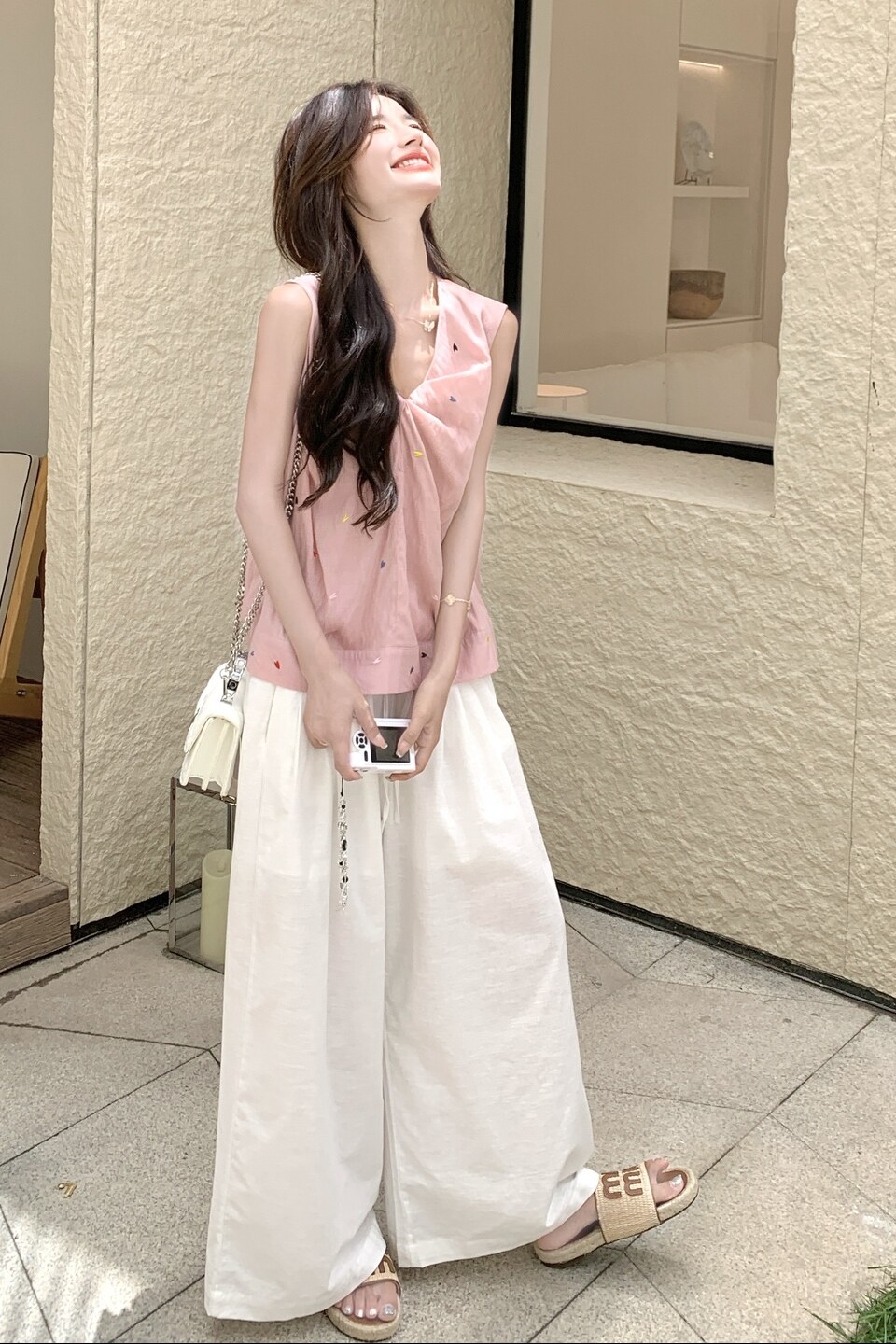 新款现货！温柔风刺绣V领上衣加阔腿裤两件套2D003-A66-P165控248,女装套装/套裙,浙宝125