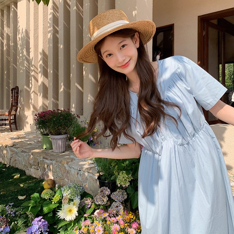蓝色褶皱连衣裙女夏2025年新款小众设计感温柔风遮肚子显瘦长裙子,女装连衣裙,浙宝125