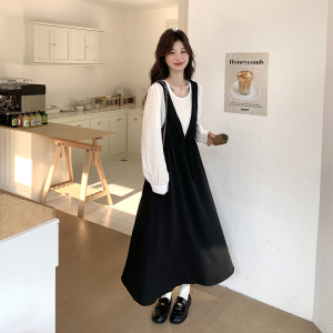 撞色拼接假两件连衣裙女2025春季新款法式设计感收腰显瘦A字长裙图片