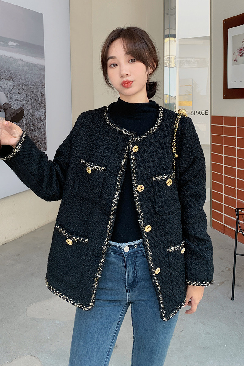 黑色小香风粗花呢外套女2025春秋新款优雅名媛风小个子气质短外套,女装短外套,浙宝125