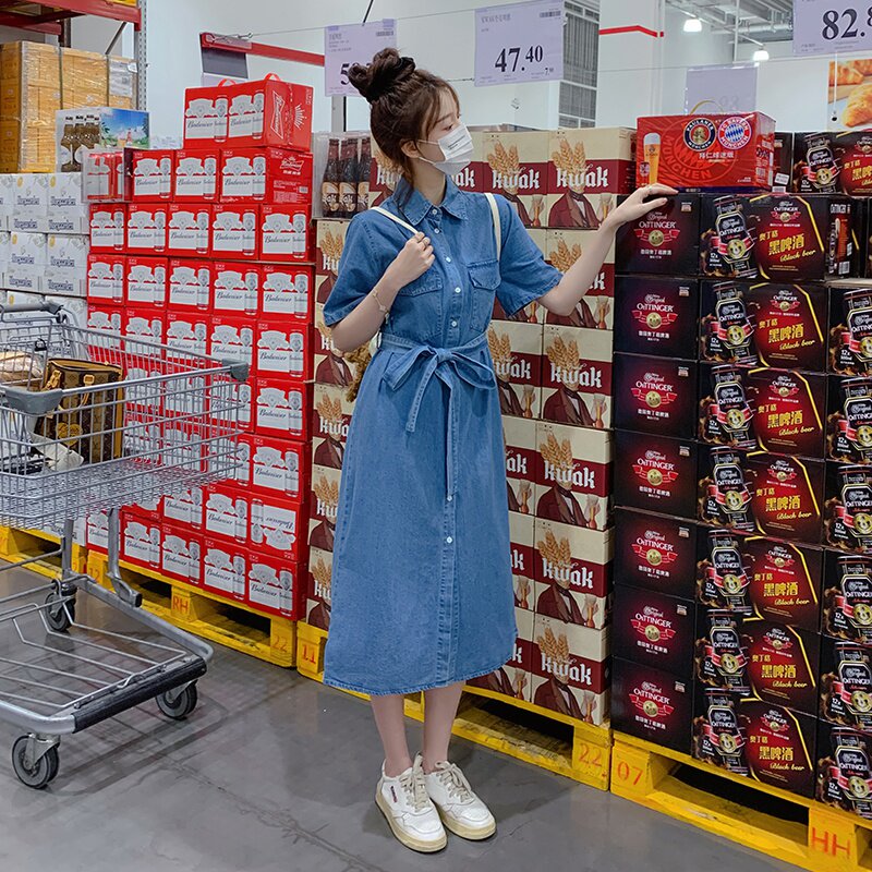 复古工装薄款牛仔衬衫连衣裙女夏2025新款气质收腰显瘦绑带长裙子,女装连衣裙,浙宝125