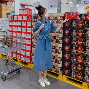 复古工装薄款牛仔衬衫连衣裙女夏2025新款气质收腰显瘦绑带长裙子图片