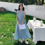 度假风蓝色v领无袖背心连衣裙女夏2025年松弛感绝美气质连身长裙，女装连衣裙，浙宝125