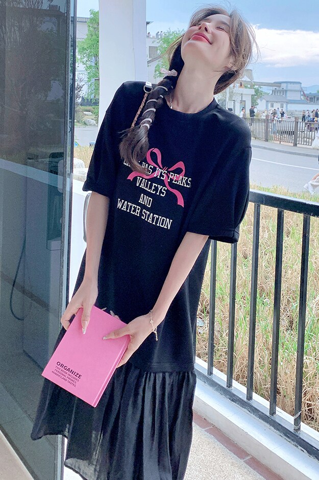 现货！主推款夏季新款黑色印花鱼尾拼接连衣裙9820-P115-控168,女装连衣裙,浙宝125