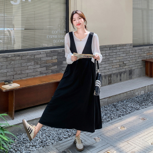 黑色气质轻熟风拼接连衣裙女2025春新款复古高级感显瘦假两件长裙图片
