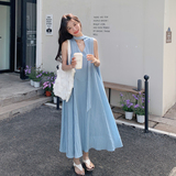 度假风蓝色v领无袖背心连衣裙女夏2025年松弛感绝美气质连身长裙，女装连衣裙，浙宝125