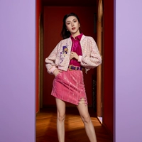 Бархатная куртка, утеплённая рубашка, цепь, мини-юбка, комплект, с вышивкой