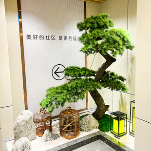 迎客松仿真树大型假树室内新中式罗汉松绿植造景玄关橱窗景观装饰
