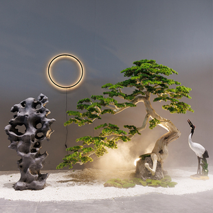 迎客松仿真树大型假树中式室内造景崖柏松绿植悬挂橱窗跟包石景观