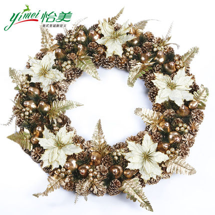 怡美 80cm松果圣诞花环 大型圣诞装饰品 圣诞节门挂饰 金色红色