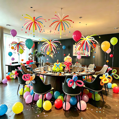 酒店包间生日场景布置装饰烟花气球长条多巴胺彩色马卡龙派对氛围