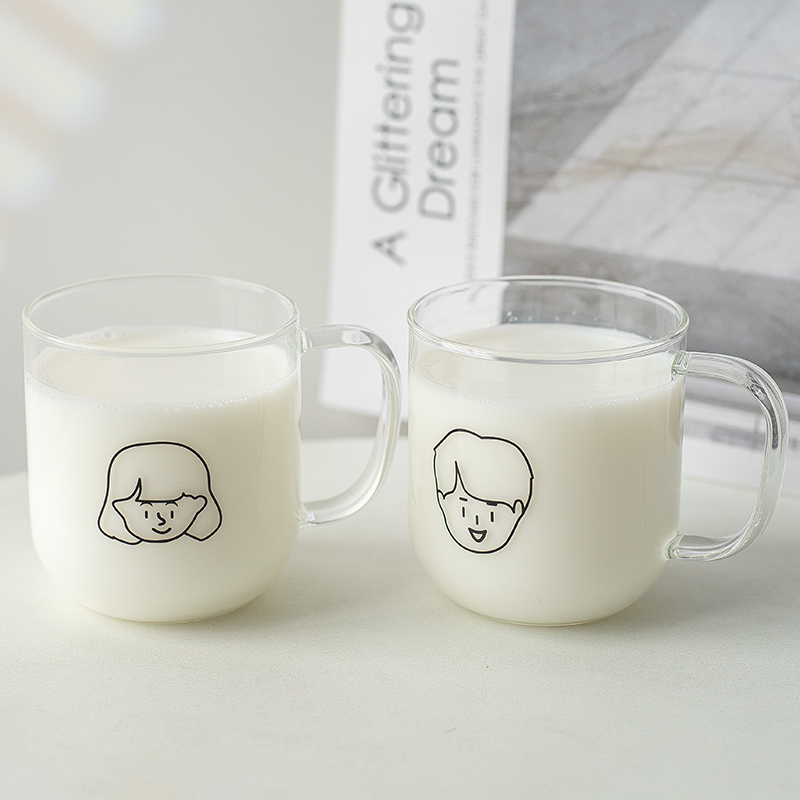 韩版ins情侣头像水杯耐热早餐玻璃杯卡通牛奶杯咖啡杯