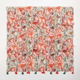 新款 小清新素雅红色花瓣混款印花流苏纱巾女款棉麻围巾旅游装饰