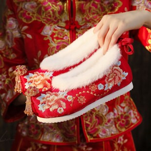 璎珞冬季加绒婚鞋汉服棉鞋女配旗袍绣花鞋复古中式婚礼新娘鞋子