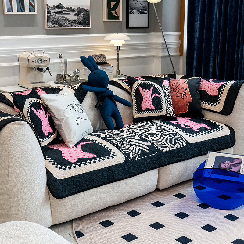 北欧现代奇趣卡通沙发垫粉色波点猫咪沙发巾四季加厚耐脏沙发坐垫