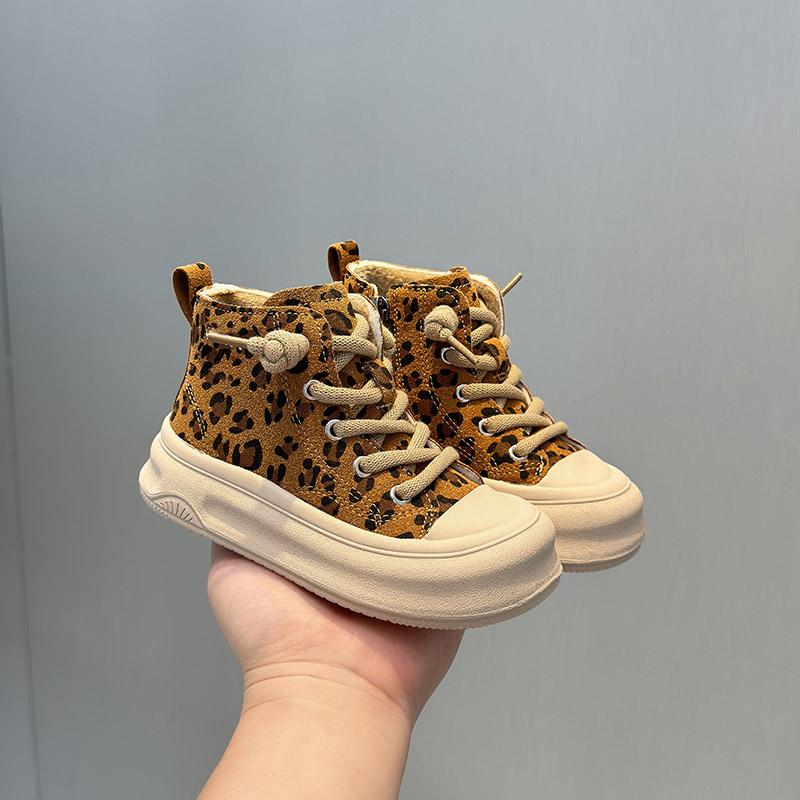 女童时尚豹纹加绒二棉板鞋