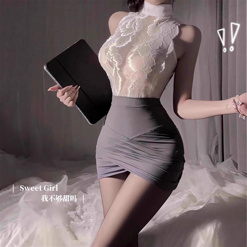 「SG」性感灰色秘书蕾丝制服透视睡裙睡衣内衣露肩无袖火辣套装