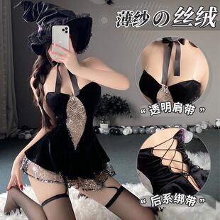 性感睡衣女款2025新款睡裙丝绒抹胸美背银丝蛛网镂空绑带连衣裙