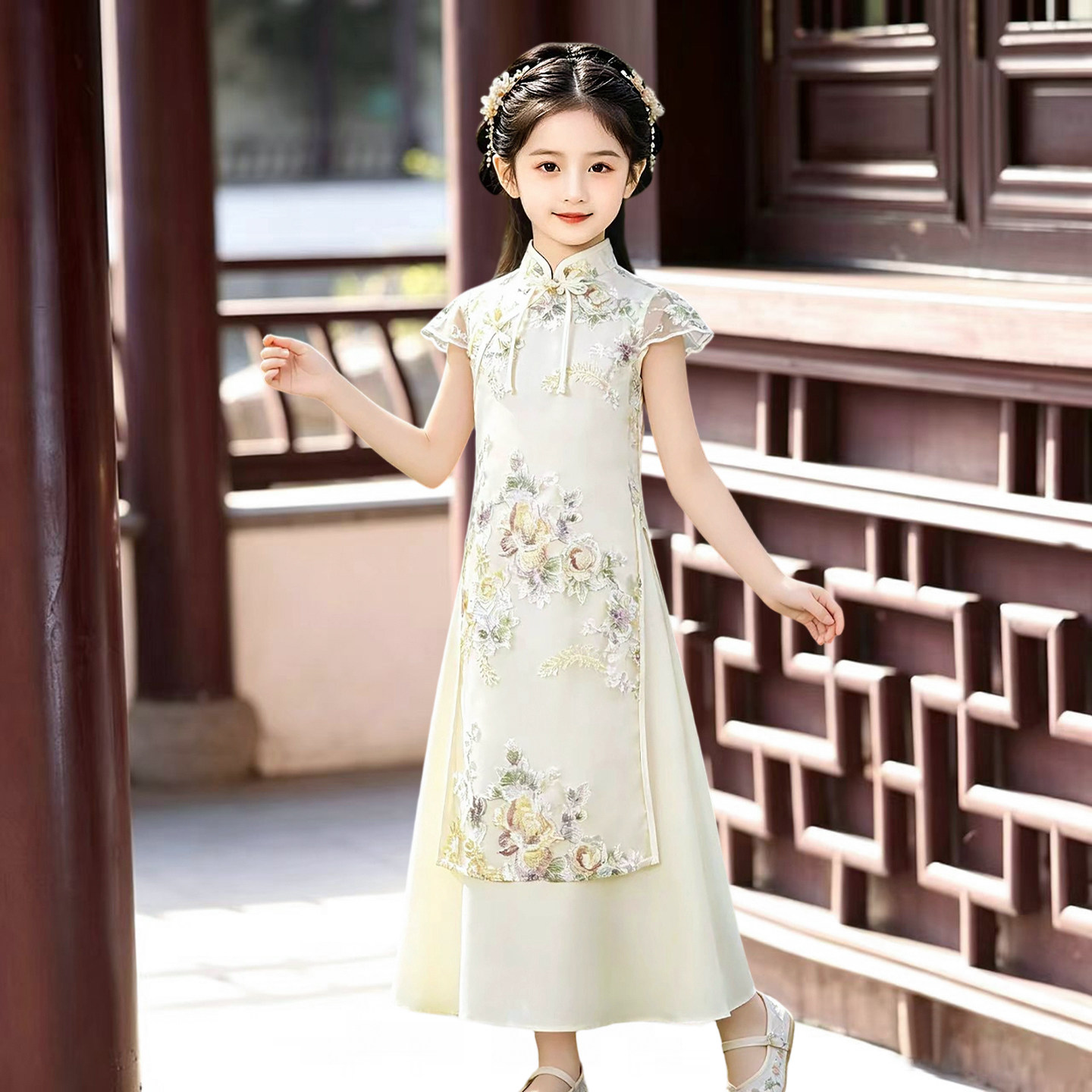 新中式改良女童旗袍连衣裙女孩夏季古风汉服儿童中国风古筝演出服