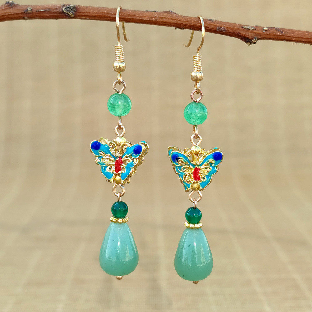 古风耳环葫芦景泰蓝耳坠东陵玉石长款耳饰汉服复古装搭配旗袍饰品