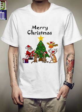 外贸上衣圣诞老人MerryChristmas男士短袖T恤白色休闲体恤打底