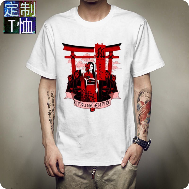 欧美2021热卖狐狸面具男士T恤夏季白色莫达尔棉男女款T恤衫